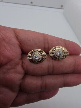 Gold Plated CZ Halo Stud Earrings Oval Filigree Crystal Statement Earrings